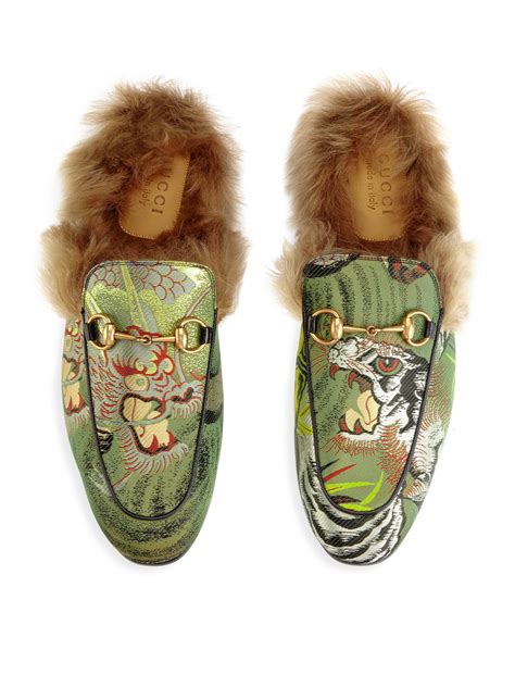 gucci mens jacquard dragon princetown fur lined mule slippers|Gucci princetown mule.